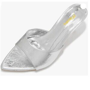 Milooey shoes Women's Kitten Heel Mules Open Pointed Toe Slide Sandals Sliver